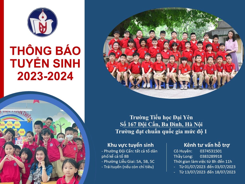 Thông báo tuyển sinh lớp 1 năm học 2023-2024 của trường Tiểu học Đại Yên